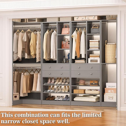 Closet System with 2 Drawers, 3 Hanging Rods, 59.5" * 31.5" Closet Organizer System with Corner Tower, Reversible L Shaped Walk-in Closet System, Corner Closet System Set of 2, Morandi Grey