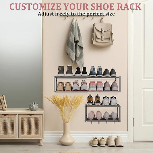 Expandable Wall Mounted Shoe Rack, 17"-31" Adjustable Hanging Shoe Rack Holds 8 Pairs, Heavy Duty Metal Shoe Holder with 2 Storage Hooks, Space Saving for Entryway Closet Doorway（Grey）