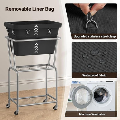 ELYKEN Rolling Laundry Hamper with Wheels, Laundry Cart with Removable Bag, Heavy Duty Metal Frame, 2-Tier Clothes Basket Hamper with Shelf for Closet, Bedroom, Bathroom, Laundry Room, Black