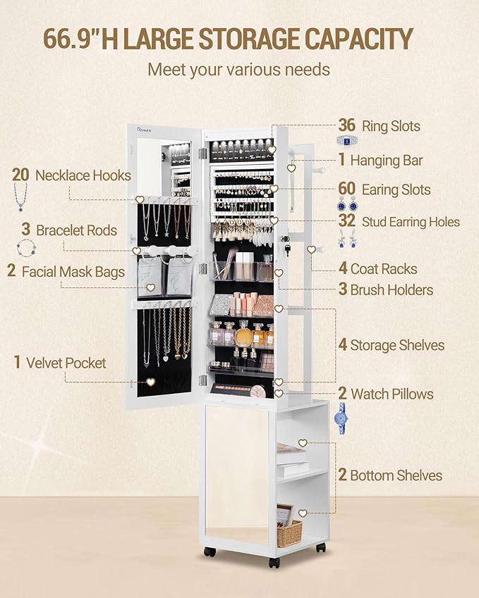 8 LEDs Jewelry Cabinet Armoire, 66.9-inch Jewelry Organizer with Garment Rack, Lockable Full-length Mirror with 4 Wheels, Storage Shelves with Hooks, 5-in-1, White and Beige JC17003B