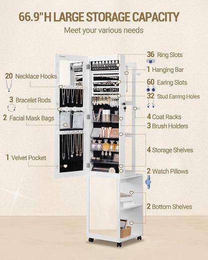 8 LEDs Jewelry Cabinet Armoire, 66.9-inch Jewelry Organizer with Garment Rack, Lockable Full-length Mirror with 4 Wheels, Storage Shelves with Hooks, 5-in-1, White and Beige JC17003B