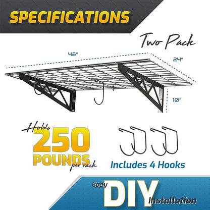 MonsterRax | Garage Wall Shelf Four-Pack White or Hammertone | Three Size Options | Includes Bike Hooks | 300lb Weight Capacity (Hammertone, 24"x48", 4 Pack)