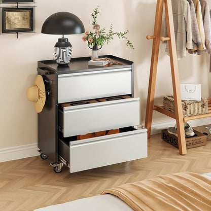 Aobabo Garage Storage Cabinet with 3 Drawers and 4 Hooks,Metal Storage Cabinet with Wheels for Garage Home,Required Assembly,Black&Silver,18.11" D x 30.3" W x 35.4" H