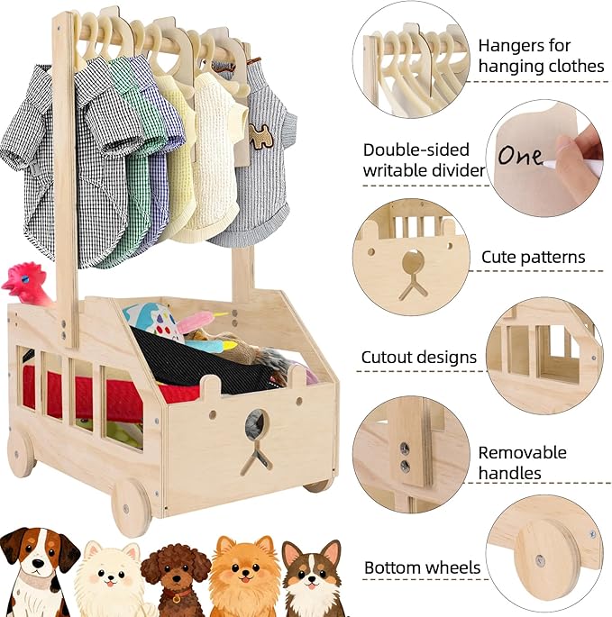 22" x14"x10" Wooden Pet Wardrobe Closet with 10 Hangers, 5 Split Labels & 1 Pen, Easy Assembly Crate for Dog/Cat Closet, Dog Closet Organizer for Toys Clothes and Accessories