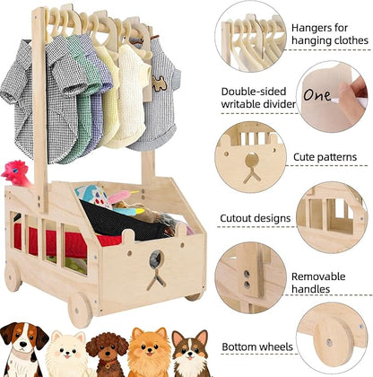 22" x14"x10" Wooden Pet Wardrobe Closet with 10 Hangers, 5 Split Labels & 1 Pen, Easy Assembly Crate for Dog/Cat Closet, Dog Closet Organizer for Toys Clothes and Accessories