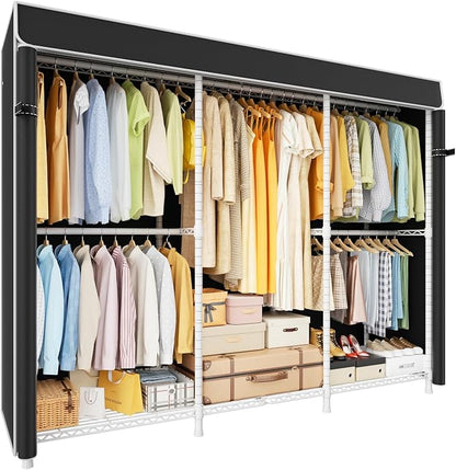 E14C Pro Heavy Duty Closet Organizer System，Freestanding Clothing Racks for Hanging Clothes，Adjustable Garment Rack 70.1"W × 16.6"D × 76.4"H Hold 960 lbs，White Rack with Black Dustproof Cover