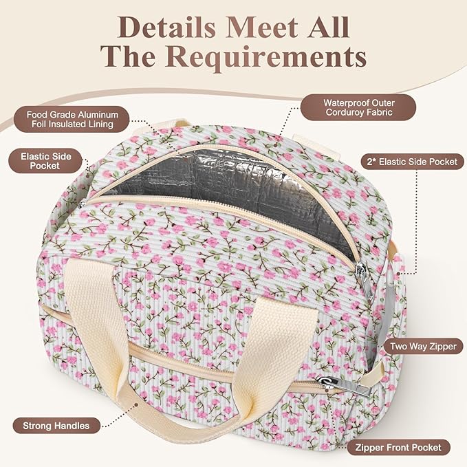Lunch Box for Women, Cute Flower Corduroy Insulated Lunch Bag Women Reusable Work Leakproof Simple Adults Large Lunch Boxes Tote Bag Men Cooler Bag
