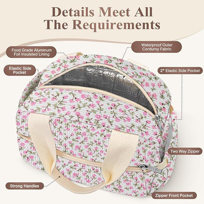Lunch Box for Women, Cute Flower Corduroy Insulated Lunch Bag Women Reusable Work Leakproof Simple Adults Large Lunch Boxes Tote Bag Men Cooler Bag