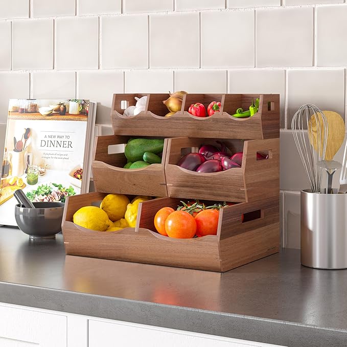 Seville Classics Acacia Wood Premium Organizer Storage Bins for Kitchen Silverware, Pantry, Closet, Office Desk, Pens, Utensils, Makeup, K Cup, Acacia, Stackable Bin Set (4 Piece)