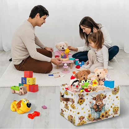 Highland Cow Rectangle Storage Basket - Highland Cow Themed Collection Collapsible Storage Baskets with Handles - Cute Cows Pattern Storages Bin for Kids Clothes, Gifts, Books,Toys