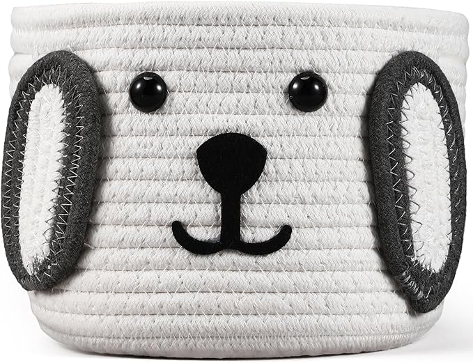 Zopeal Dog Woven Basket, 7.9" D x 6" H Cotton Rope Toy Storage Organizer, Dog Mom Gift Empty, Cute Laundry Puppy Gift Animal Basket for Clothes, Towels, Toy, Laundry, Bathroom, Home(White, Gray)