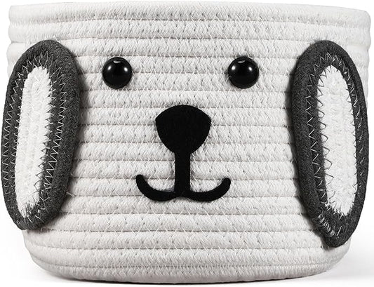 Zopeal Dog Woven Basket, 7.9" D x 6" H Cotton Rope Toy Storage Organizer, Dog Mom Gift Empty, Cute Laundry Puppy Gift Animal Basket for Clothes, Towels, Toy, Laundry, Bathroom, Home(White, Gray)