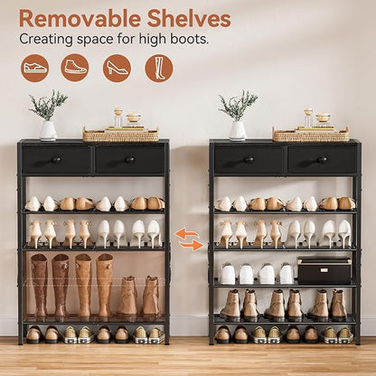Shoe Rack for Entryway, 5 Tier Shoe Organizer with 2 Non-Woven Drawers, Metal Storage Shoe Shelf for 16-20 Pairs of Shoes, with Wooden Top and Steel Frame, Shoe Stand for Closet Charcoal