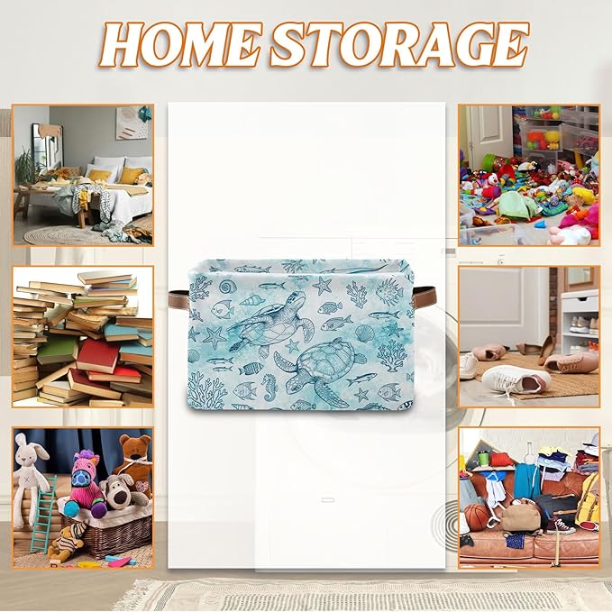 Rectangle Ocean Sea Turtle Storage Basket, Storage Box Bin with Handles for Toy, Collapsible Laundry Hamper, Laundry Organizer for Room Nursery, Gifts for Chritsmas Thanksgiving 14.9x11x9.4