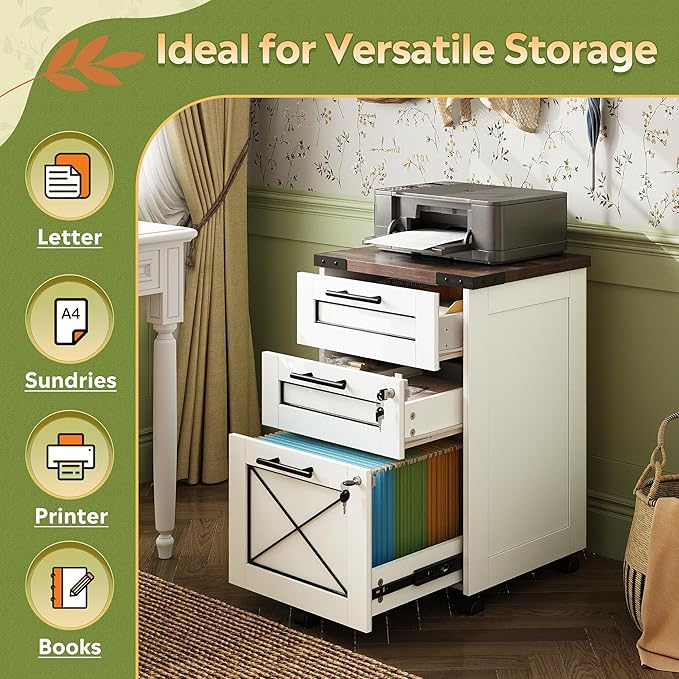 DEVAISE 3-Drawer File Cabinet with Hanging Files, Mobile Rolling Storage Cabinet for Home Office, Printer Stand, Farmhouse Style, White