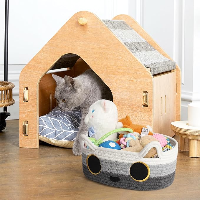 Cat Toy Basket, Small Woven Cat Toy Storage Box with Cute Ear Handle Indoor, Cotton Rope Storage Bin with Embroidered Face for Home Decor, Pet Bed, Nursery Kids Room Organization, 3-tone Gray