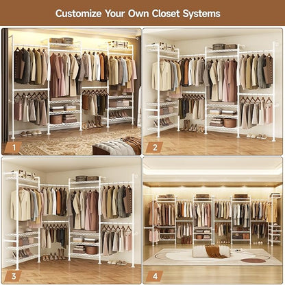 Wall Mounted Garment Rack, Industrial Pipe Metal Clothing Rack with 6 Hanging Rods (4 Expandable) & 8 Shelves, Closet Organizers and Storage System for Bedroom, Walk in Closet