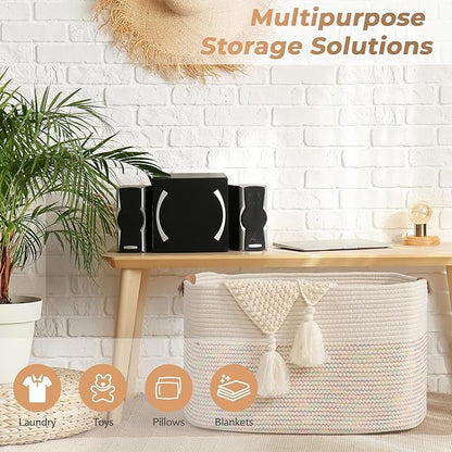 danpinera 108L Large Basket for Living Room, Boho Decorative Basket Organizing with Handles, Cotton Rope Storage for Toys, Pillows, Clothes, 25’’*16’’*16’’ Rainbow