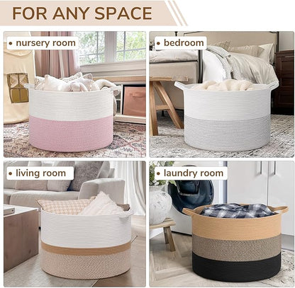 INDRESSME 115L Extra Large Blanket Basket for Apartment Décor, Woven Baby Laundry Hamper Shoe Basekts for Entryway, Wicker Storage Basket for Organizing, Camel Mix & Black