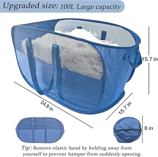 Extra Large Mesh Pop Up Laundry Hamper, 100L Collapsible Laundry Basket, Dirty Clothes Hamper with Reinforced Handles, Storage Bins for Shelves, Dorm or Home Portable Stair Laundry Basket. Blue