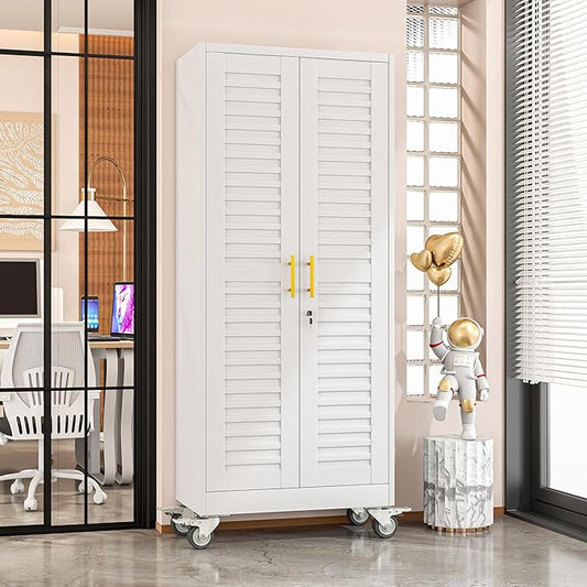 71” Metal Garage Storage Cabinet with Lock and Wheels, Metal Storage Cabinet with Louvered Door and 4 Adjustable Shelves, Rolling Tool Cabinet, Utility File Cabinet for Home Office - White