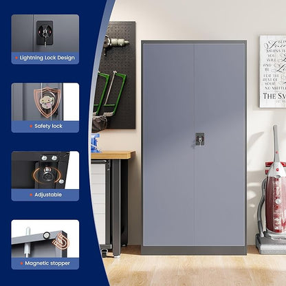 Yizosh Metal Garage Storage Cabinet with Lock, 72" Locking Tool Cabinets with 2 Doors and 4 Shelves, Heavy Duty File Cabinet for Office, School (Gray Black)