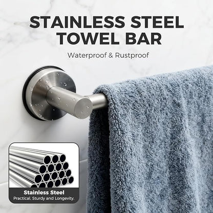 Adjustable Suction Cup Towel Bar for Bathroom Wall,14.6Inch~24 Inch Towel Racks for Bathroom,Stainless Steel Bath Towel Holder for Shower(Brushed Silver)