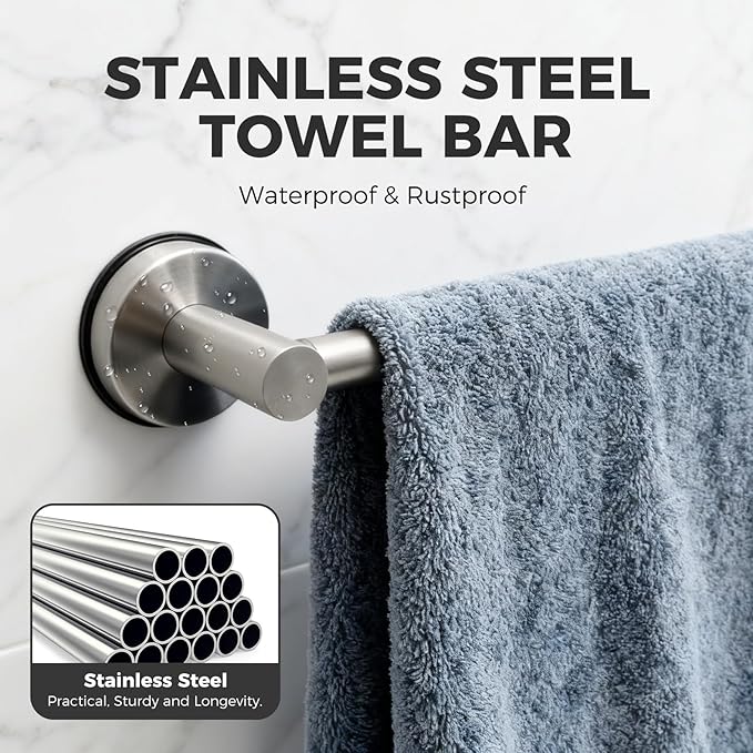 Adjustable Suction Cup Towel Bar for Bathroom Wall,17 Inch~29 Inch Towel Racks for Bathroom,Stainless Steel Bath Towel Holder for Shower,2 Pack(Brushed Silver)