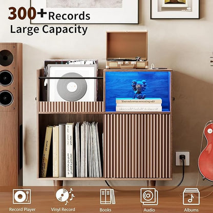 Large Record Player Stand with Power Outlets & LED Lights, Record Player Table Cabinet with Vinyl Record Storage Holds up to 300 Albums, Turntable Stand for Living Room, Bedroom