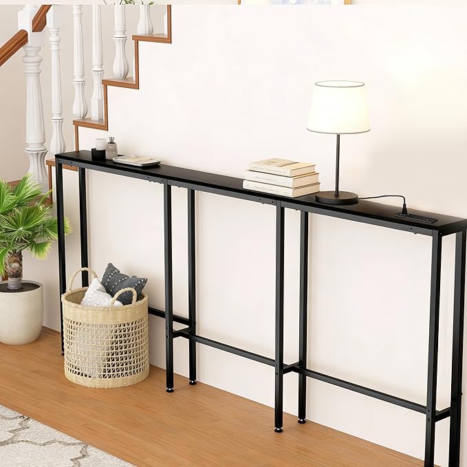 70" Narrow Console Sofa Table with Power Outlets & 2 USB Ports, L Shaped Behind Couch Table Skinny, 3 Assembly Options Entryway Tables with Charging Station for Living Room, Hallway, Black, 70IN