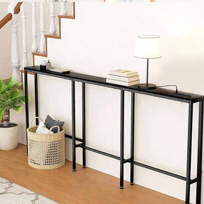 78" Narrow Console Sofa Table with Power Outlets & 2 USB Ports, L Shaped Behind Couch Table Skinny, 3 Assembly Options Entryway Tables with Charging Station for Living Room, Hallway, Black, 78IN