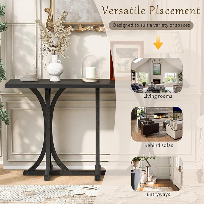 59.8" Wooden Console Table with Oak Veneer Top,Farmhouse Entryway Table with Rubber Wood Slender Curved Legs,Perfect for Living Room,Entryway,Hallway,Black