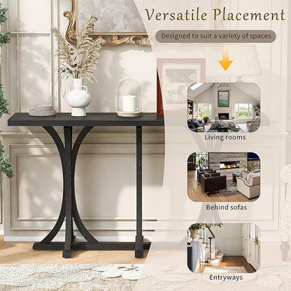 59.8" Wooden Console Table with Oak Veneer Top,Farmhouse Entryway Table with Rubber Wood Slender Curved Legs,Perfect for Living Room,Entryway,Hallway,Black