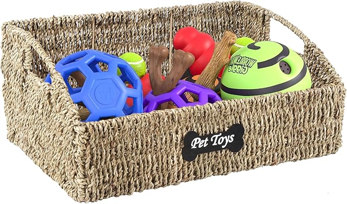 Pet Dog Toy Basket,Wicker Baskets with Built-in Handles,Dog Toy Bin,Farmhouse Puppy Toys Box,Dogs Storage Organizer for Leash Blanket Toys Snacks,Handwoven Seagrass Basket