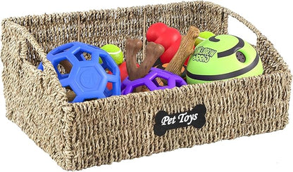Pet Dog Toy Basket,Wicker Baskets with Built-in Handles,Dog Toy Bin,Farmhouse Puppy Toys Box,Dogs Storage Organizer for Leash Blanket Toys Snacks,Handwoven Seagrass Basket