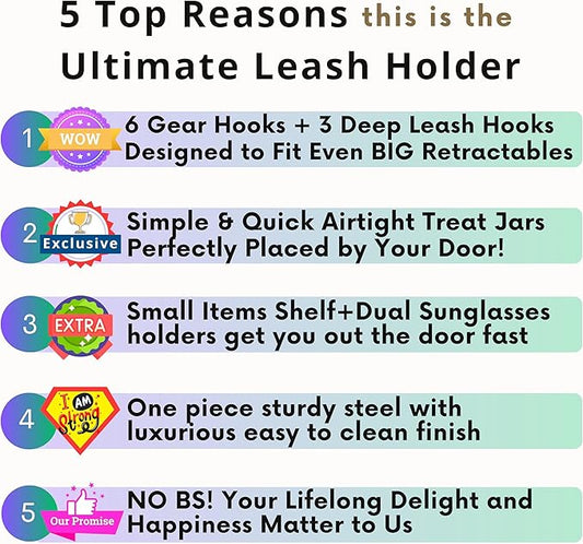 Dog Treat Holder For Wall Storage For Pets, Premium Pet Wall Organizer, Includes Two 32oz Airtight Dog Treat Jar, 3 Sets of Triple Hooks, Sturdy Shelf in Modern Black