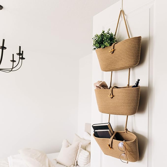OrganiHaus Over the Door Hanging Basket for Organizing, 3-Tier Hanging Wall Basket for Storage, Boho Nursery Decor for Wall, Behind Door Wall Storage, Wall Organizer for Office, Wall Toy Storage Honey