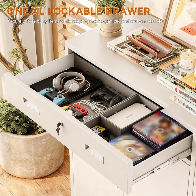 BESFUR Metal Storage Cabinet, Garage Storage Cabinet with One Drawer and Adjustable Shelf, Locking Short Storage Cabinet for Office Garage Home, White Metal Cabinets(36" H x 27.5" W x 16" D)