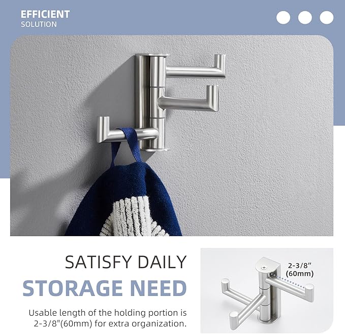 Angle Simple Swivel Towel Hook 3 Arms, SUS304 Stainless Steel Foldable Robe Towel Hook for Bathroom, Wall Coat Holder, Brushed Nickel