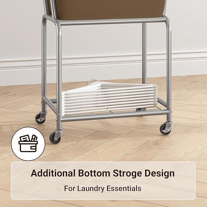 ELYKEN Rolling Laundry Hamper with Wheels, Laundry Cart with Removable Bag, Heavy Duty Metal Frame, 2-Tier Clothes Basket Hamper with Shelf for Closet, Bedroom, Bathroom, Laundry Room, Camel Brown