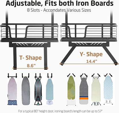 KES Over The Door Ironing Board Holder, Ironing Board Hanger Door Mount with Storage Shelf Y and T Shaped Fits for 1 3/8 Doors Matte Black, HIR501A-BK