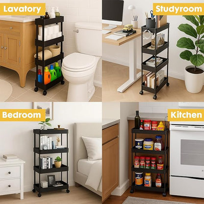 ShellKingdom 4 Tier Bathroom Storage Organizer, Slim Rolling Storage Cart for Narrow Space, Mobile Shelving Unit with Lockable Wheels and Hooks for Bathroom, Kitchen, Laundry Movable Shelf (Black)