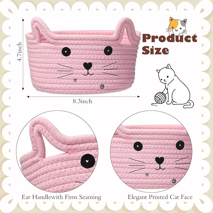Zopeal Cat Basket Storage Woven Organizer with Ears Easter Decorative Gift Pet Toy Cute Cotton Rope Basket for Gift Cat Dog Toy Bin Nursery Room(8.3 x 4.7 Inch,Pink)