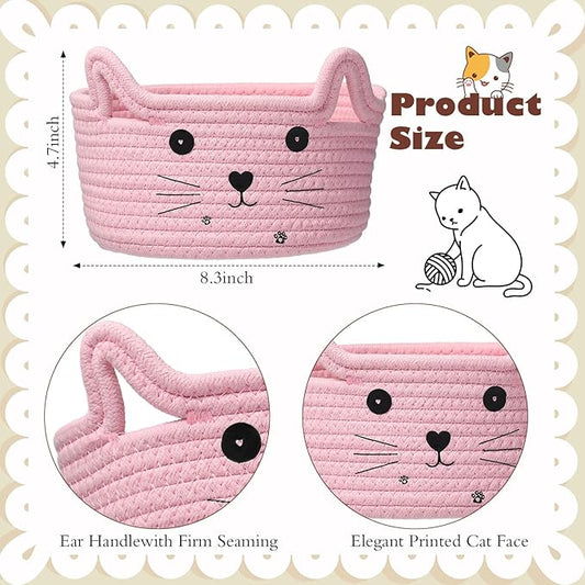 Zopeal Cat Basket Storage Woven Organizer with Ears Easter Decorative Gift Pet Toy Cute Cotton Rope Basket for Gift Cat Dog Toy Bin Nursery Room(8.3 x 4.7 Inch,Pink)