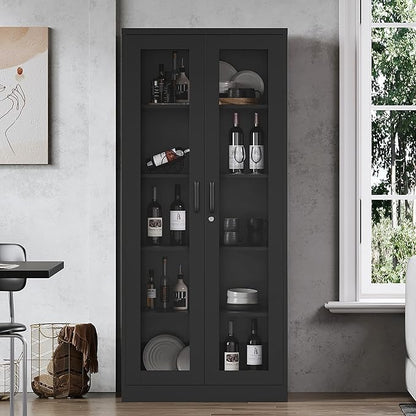 Glass Display Cabinet with 4 Adjustable Shelves, 71" Tall Curio Cabine with Tempered Glass Door, Liquor Cabinet with Lock, 5-Tier Bookcase Storage Cabinet for Home, Study, Living Room (Black)
