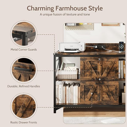 44" File Cabinet, Lateral Filing Cabinet for Home Office with 2 Drawers, Office Storage Cabinet with Lock and Key, Wooden Printer Stand with 4 Storage Shelves, Power Outlets, Bookshelf, Rustic Brown