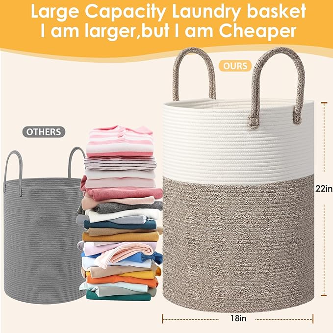Large Woven Laundry Basket Hamper,100L Cotton Rope Storage Bin for Blankets,Toys and Clothes，Decorative Tall Blanket Basket for Living Room,Baby Nursery Hamper,Baby Storage Basket,Brown/White