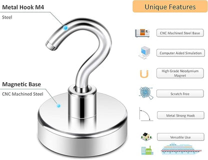 Neosmuk Magnetic Hooks, Heavy Duty 85lb+ Strong Magnet Hook for Cruise Cabins, Cruise Ship Essentials for Hanging, Metal Wall Refrigerator Hangers (Silver, 10 Pack)