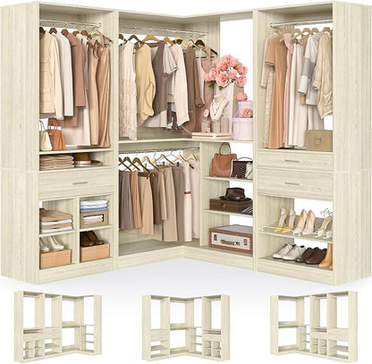 Unikito 86" Corner Closet System, Modular Closets Organizer with 4 Hanging Rods and Storage Shelves, Freestanding Wood Clothes Garment Rack with Drawers, Sturdy Walk in Closet Tower, White Oak