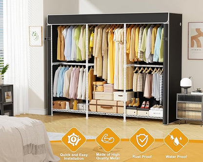 E14C Pro Heavy Duty Closet Organizer System，Freestanding Clothing Racks for Hanging Clothes，Adjustable Garment Rack 70.1"W × 16.6"D × 76.4"H Hold 960 lbs，White Rack with Black Dustproof Cover
